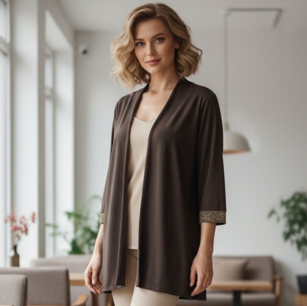 Chico's  Brown Liquid Knit Open Front Beaded Trim Cardigan/ Topper